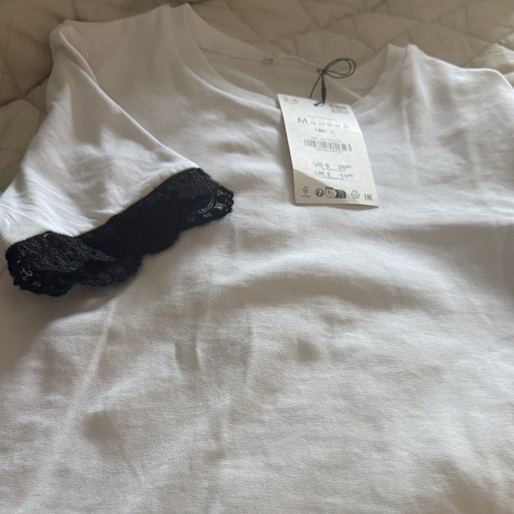 Zara White Tee with Black Lace Trim